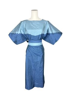 Vintage Jim Thompson 70s Art Deco Thai Silk Blue Belted Geometric Maxi Dress L